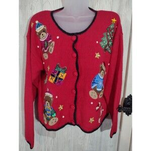 Vintage NutCracker Ugly Christmas Cardigan Women's Sweater Medium Bears & Beads